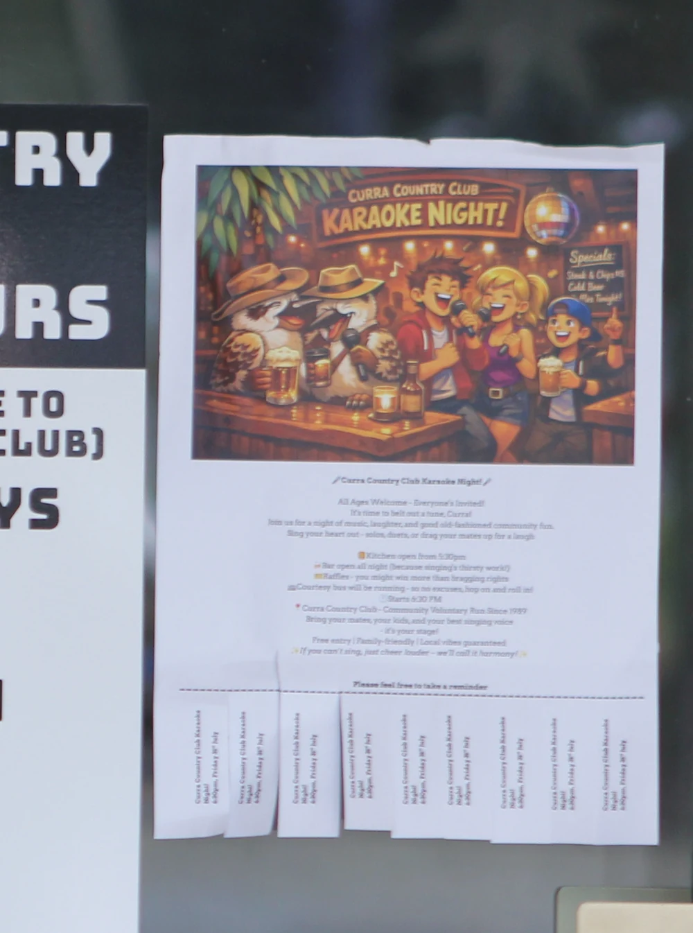 Karaoke night notice displayed at the Curra Country Club